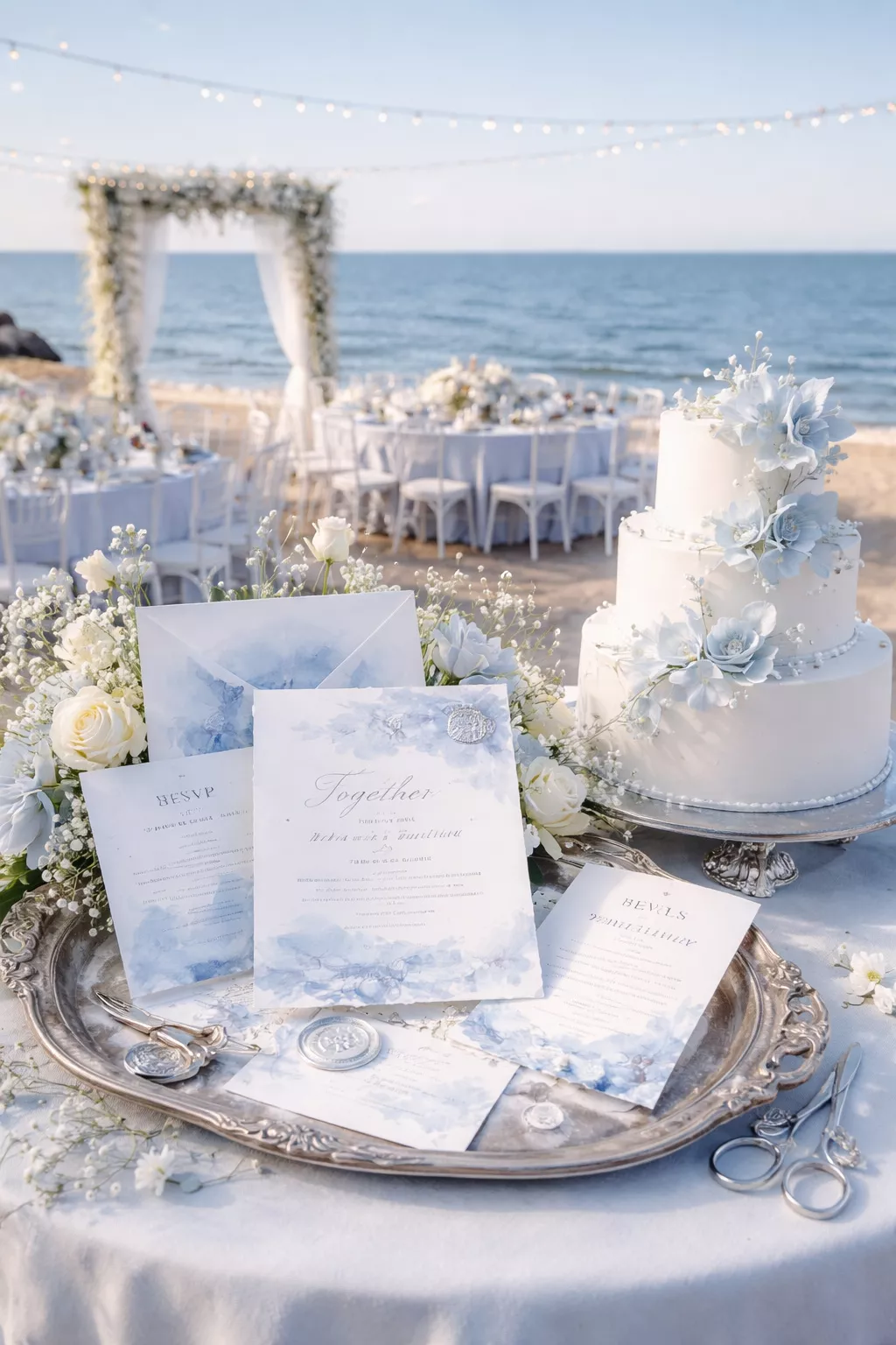 Powder Blue Whimsy A realistic photo of a coastal spring wedding with powder blue watercolor invitations, silver accents, and a white tiered cake with soft blue sugar flowers.
