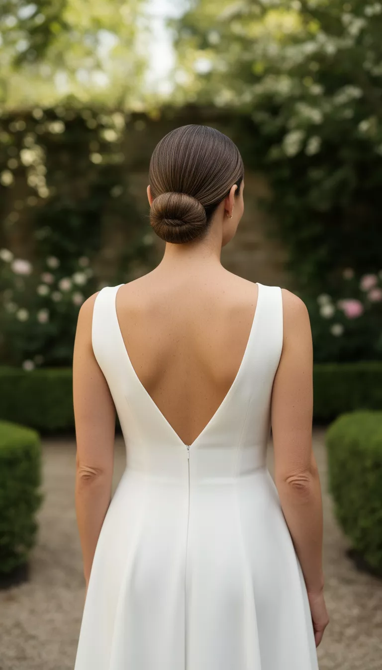 casual photo of a 42-year-old bride wearing a minimalist crepe wedding dress with a slicked-back nape bun, back view, shot with an iPhone 15 Pro Max