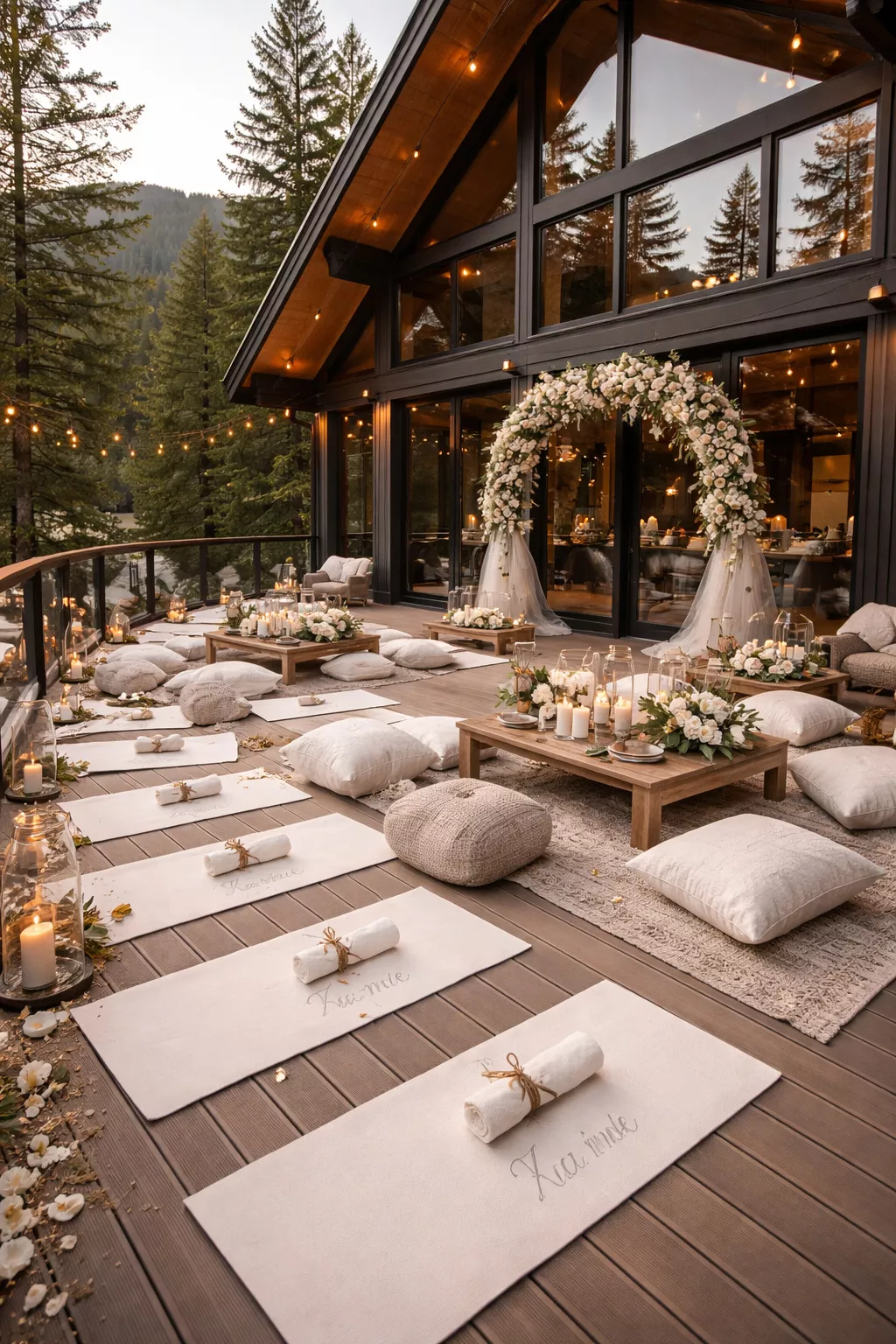 Airbnb Micro-Wedding Retreat A realistic photo of a modern luxury cabin with a large wrap-around deck decorated for a wedding with white floor cushions, low wooden tables, and personalized yoga mats for guests.
