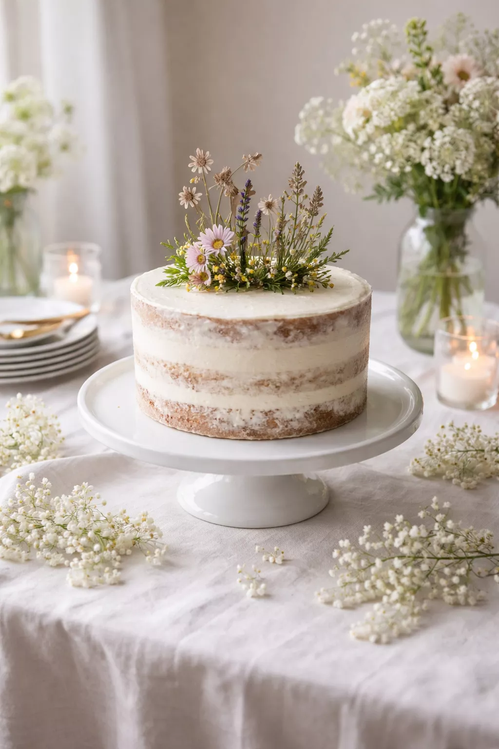 A realistic photo of a cake table with white linens, scattered white rice flowers, and a small wooden wildflower cake topper.