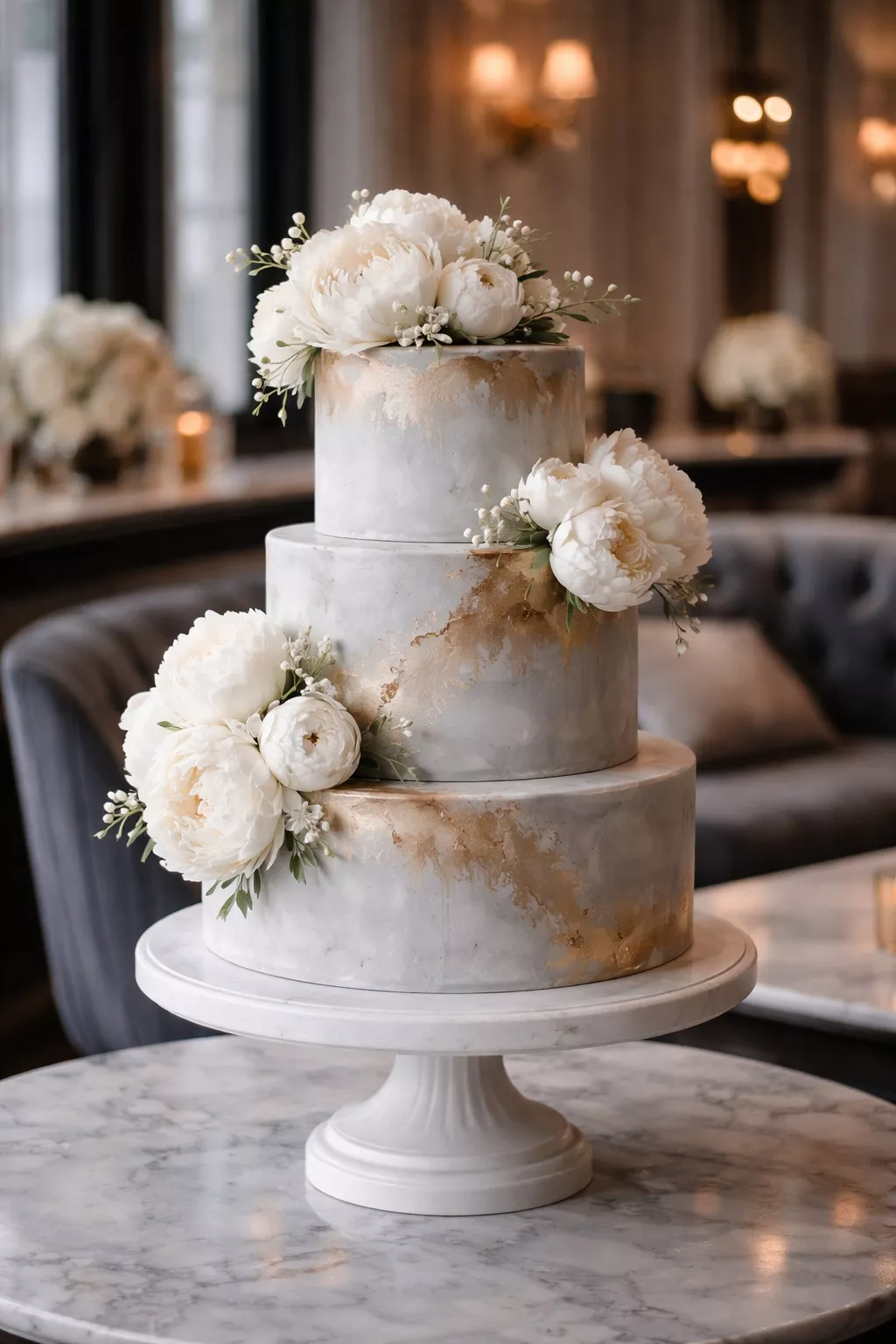 Gray Gold Bloom Cake A realistic photo of a light gray tinted wedding cake with a gold wash effect and clusters of lush white peonies, resting on a pedestal in a sophisticated lounge.