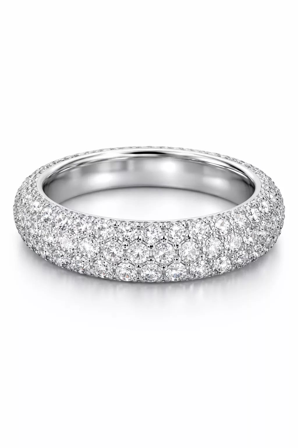 A realistic photo of a white gold eternity band completely covered in small sparkling pave diamonds.