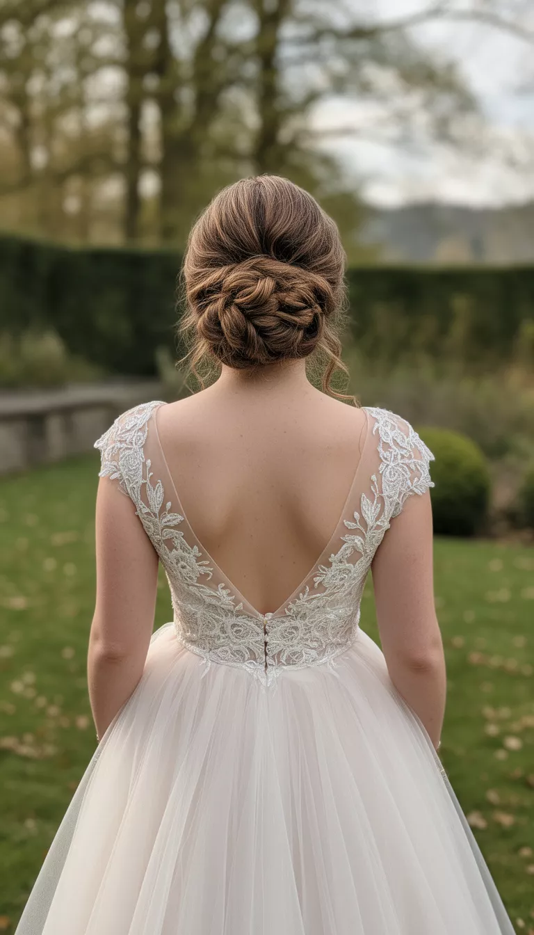 casual photo of a 30-year-old bride wearing a romantic tulle dress with a textured twist bun, back view, shot with an iPhone 15 Pro Max