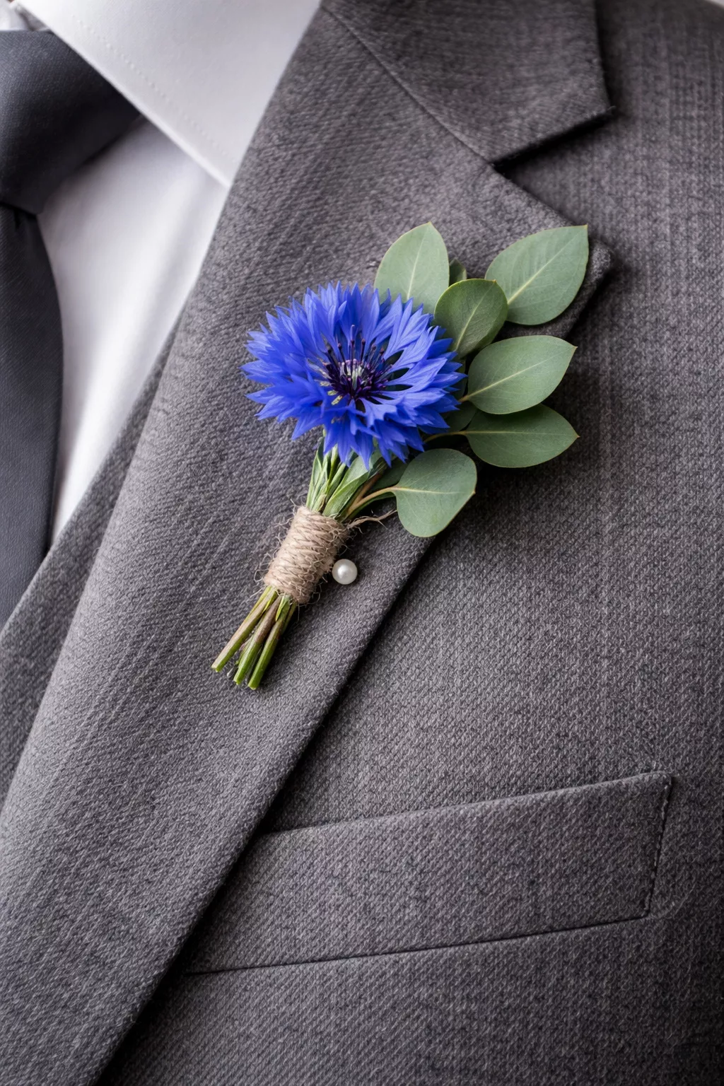 A realistic photo of a small blue cornflower boutonniere with a sprig of green eucalyptus pinned to a gray wool suit lapel.