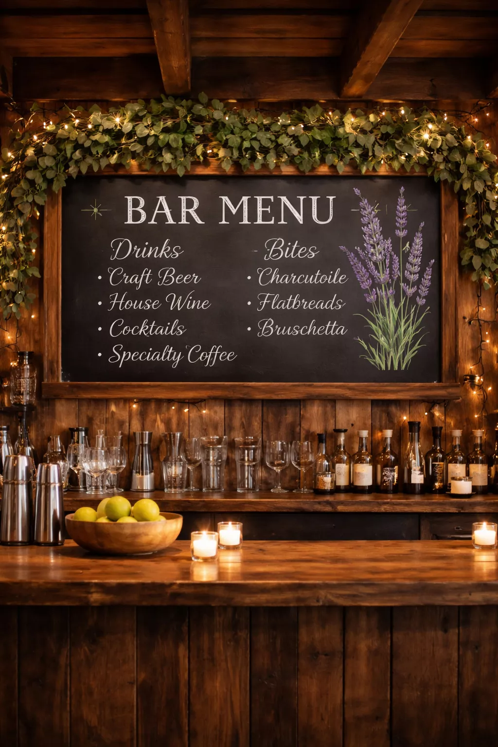 A realistic photo of a wooden bar with a green leaf garland and a black chalkboard menu featuring a purple lavender illustration.