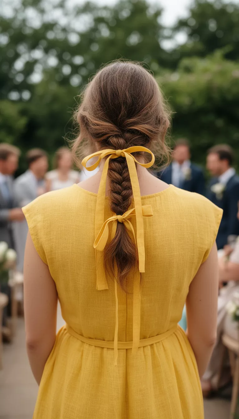 close-up casual photo of a 33-year-old wedding guest wearing a yellow linen dress with a ribboned braid, back view, shot with an iPhone 15 Pro Max