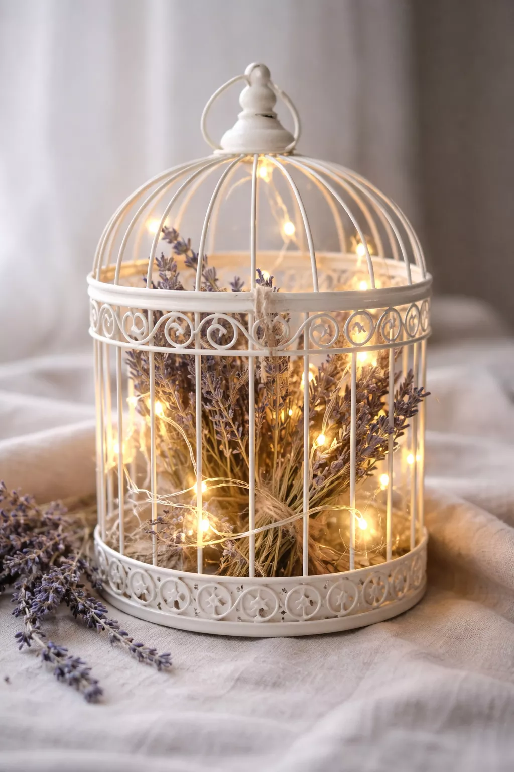 A realistic photo of a white painted birdcage filled with warm fairy lights and dried lavender on a light grey linen.