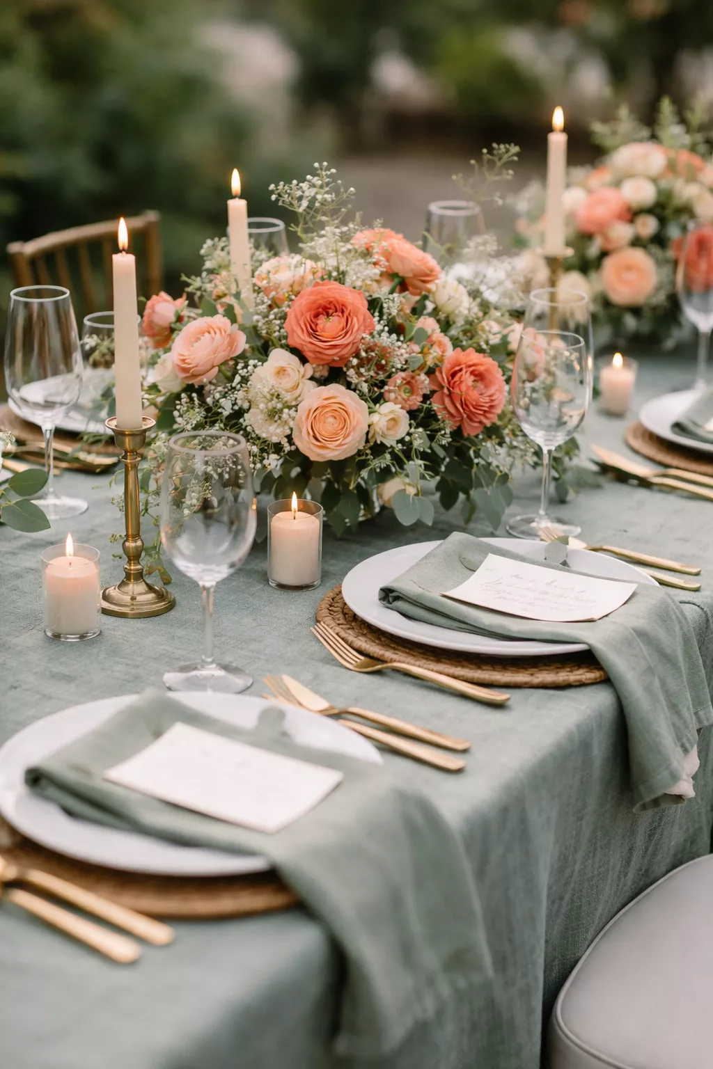 Eucalyptus Nature Calm A realistic photo of an organic wedding table setting with eucalyptus green textured linens, coral floral accents, and simple white ceramic plates.
