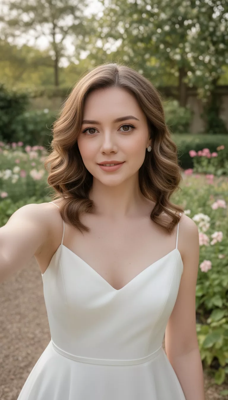 selfie of a 29-year-old bride wearing a simple spaghetti strap gown with soft face-framing waves, shot with an iPhone 15 Pro Max