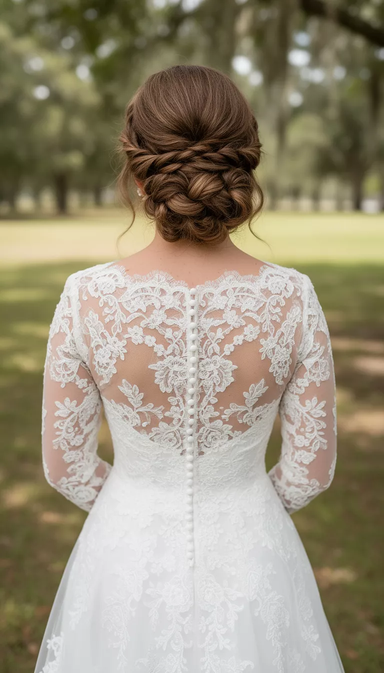 casual photo of a 35-year-old bride wearing a classic lace wedding dress with a textured low bun with braids, back view, shot with an iPhone 15 Pro Max