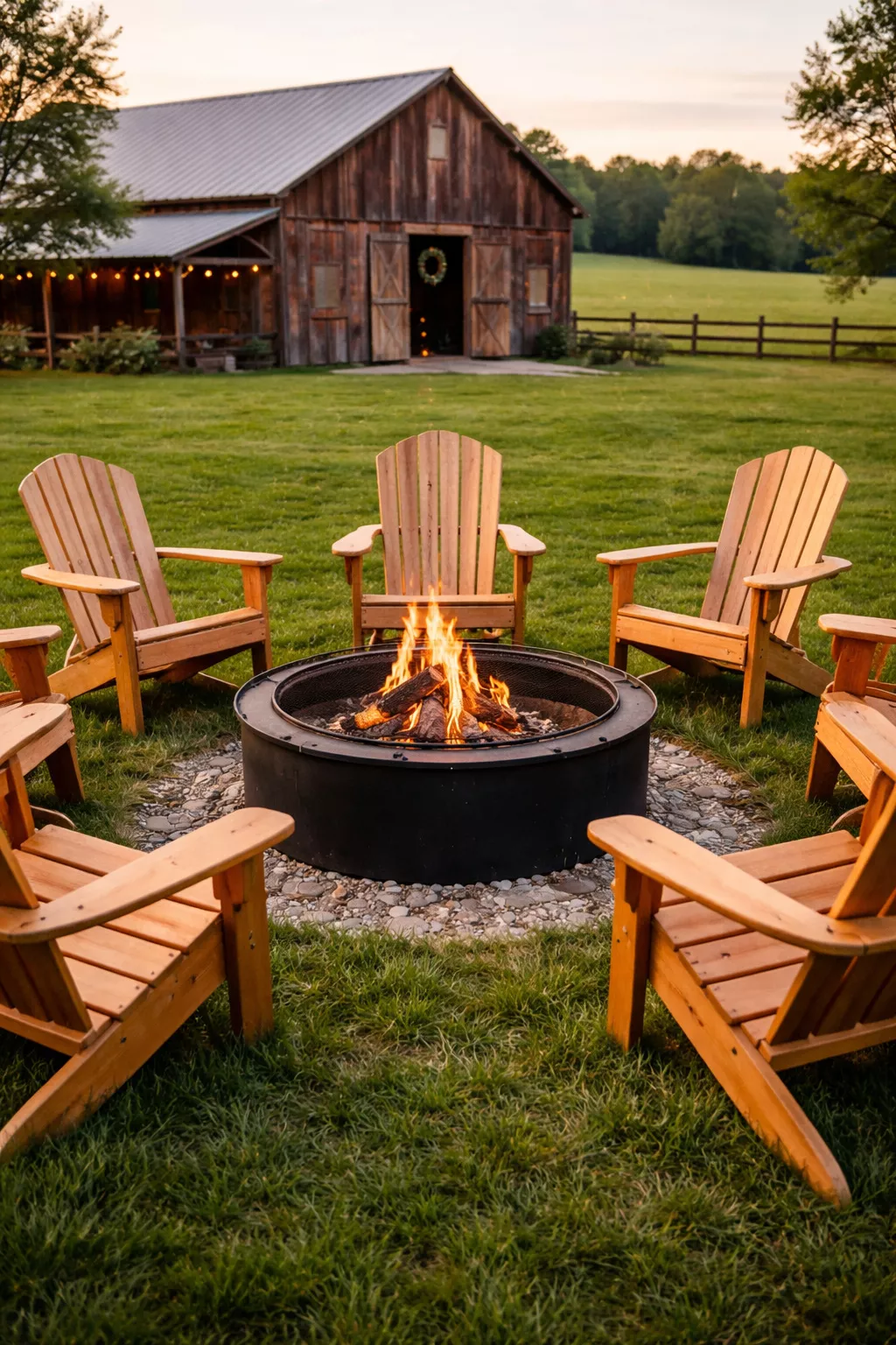 Inviting Outdoor Fire Pits A realistic photo of a circular black metal fire pit surrounded by Adirondack chairs on a grassy field with the barn in the background.