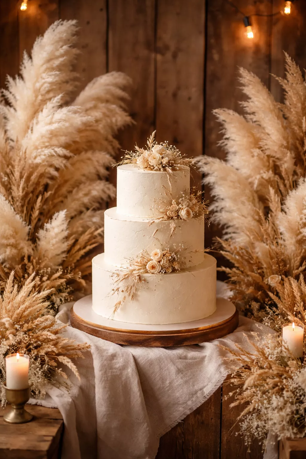 Dried Grasses Pampas Cake A realistic photo of a cream-colored wedding cake surrounded by large fluffy pampas grass and dried wheat stalks, set against a rustic wooden wall with warm lighting.