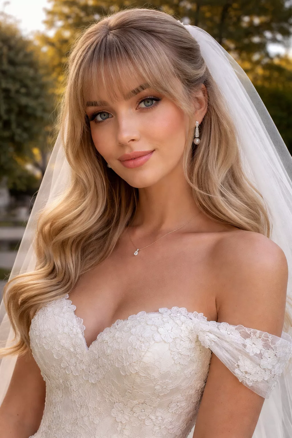 close-up realistic photo of a 29-year-old Norwegian bride wearing an off the shoulder wedding dress with Off the Shoulder Waves with Bangs, shot with an iPhone 15 Pro Max