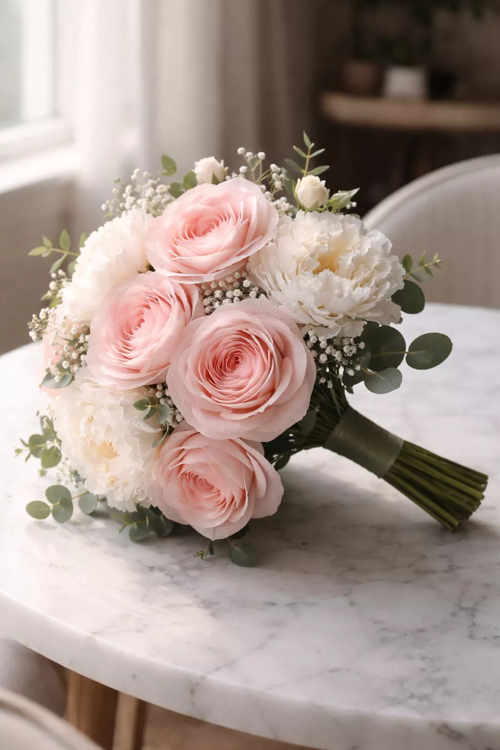 DIY Paper Flower Bouquets A realistic photo of a luxurious bridal bouquet featuring hand-crafted pink crepe paper roses and white paper peonies with green floral tape stems, resting on a white marble tabletop under soft morning light.
