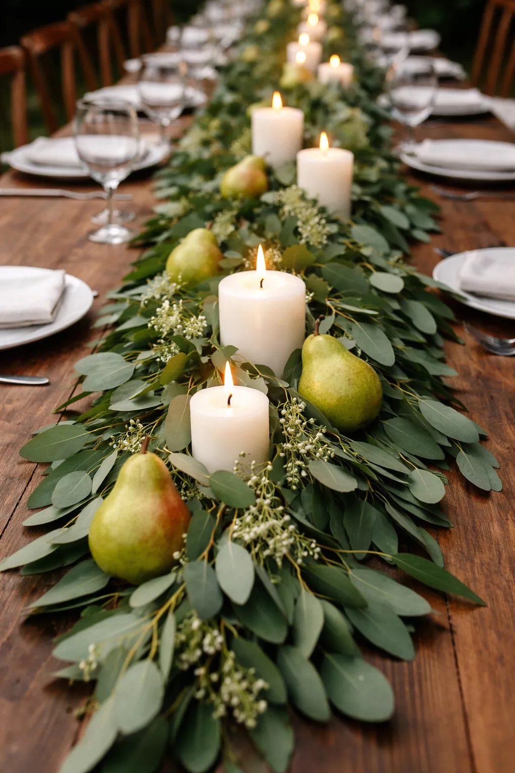 A realistic photo of a lush green eucalyptus garland draped over a long wooden banquet table, accented with fresh green pears and white pillar candles.