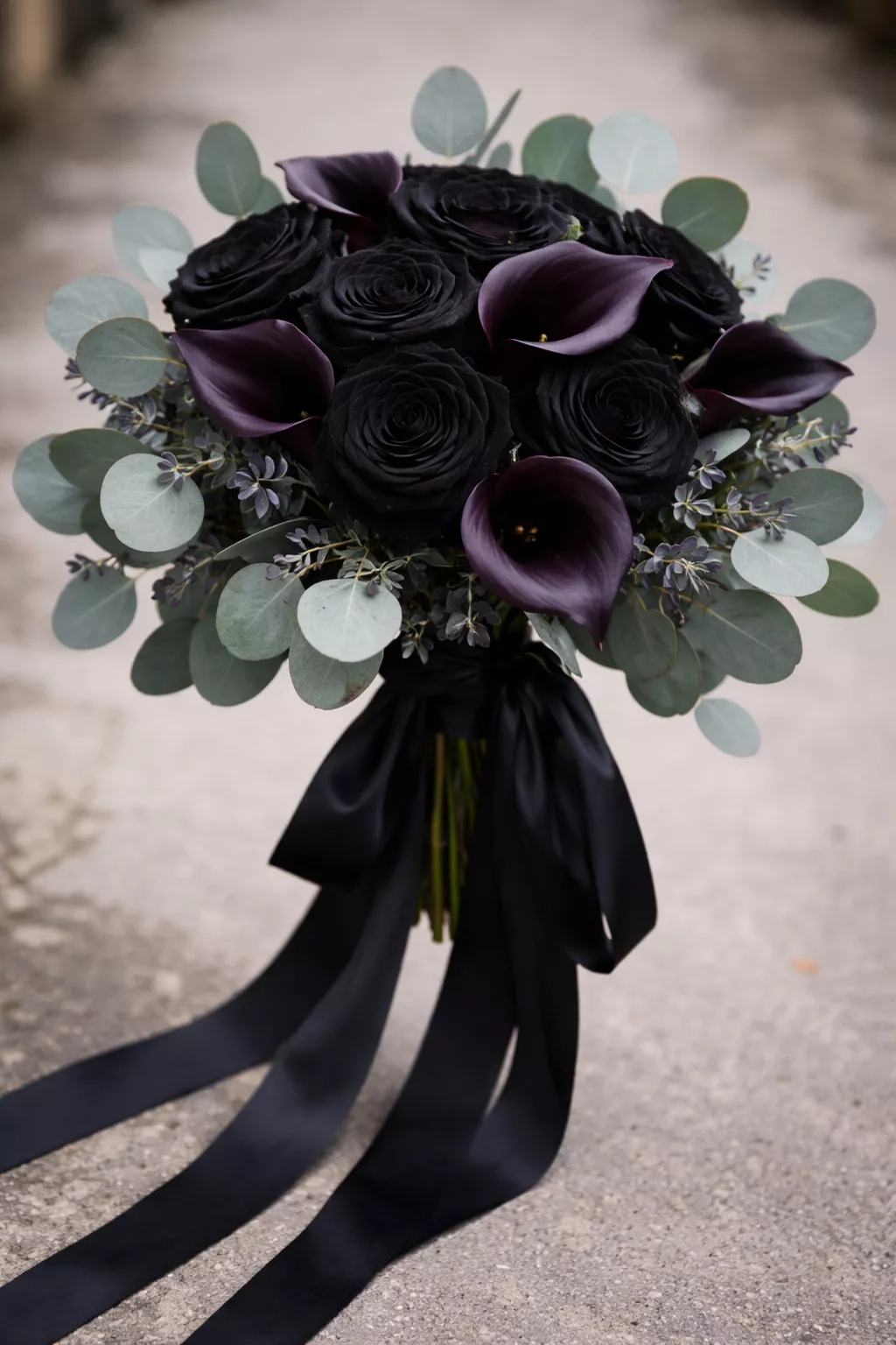 A realistic photo of a bridal bouquet featuring black roses, dark purple calla lilies, and silver dollar eucalyptus tied with a long black silk ribbon.