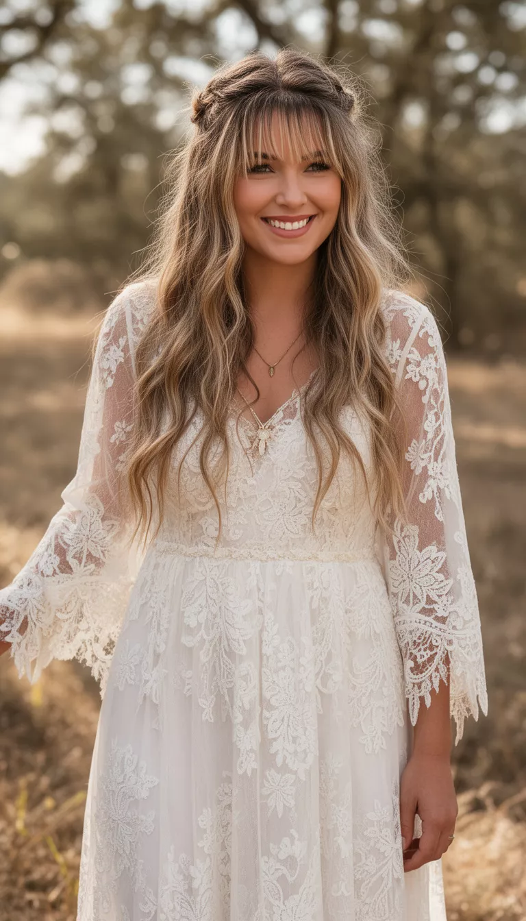 casual photo of a 26-year-old bride wearing a bohemian lace dress with a Half Up Half Down with Soft Fringe, shot with an iPhone 15 Pro Max