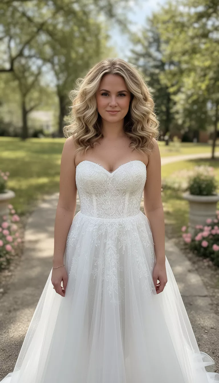 casual photo of a 28-year-old bride wearing a strapless sweetheart tulle gown with a bouncy blowout, shot with an iPhone 15 Pro Max