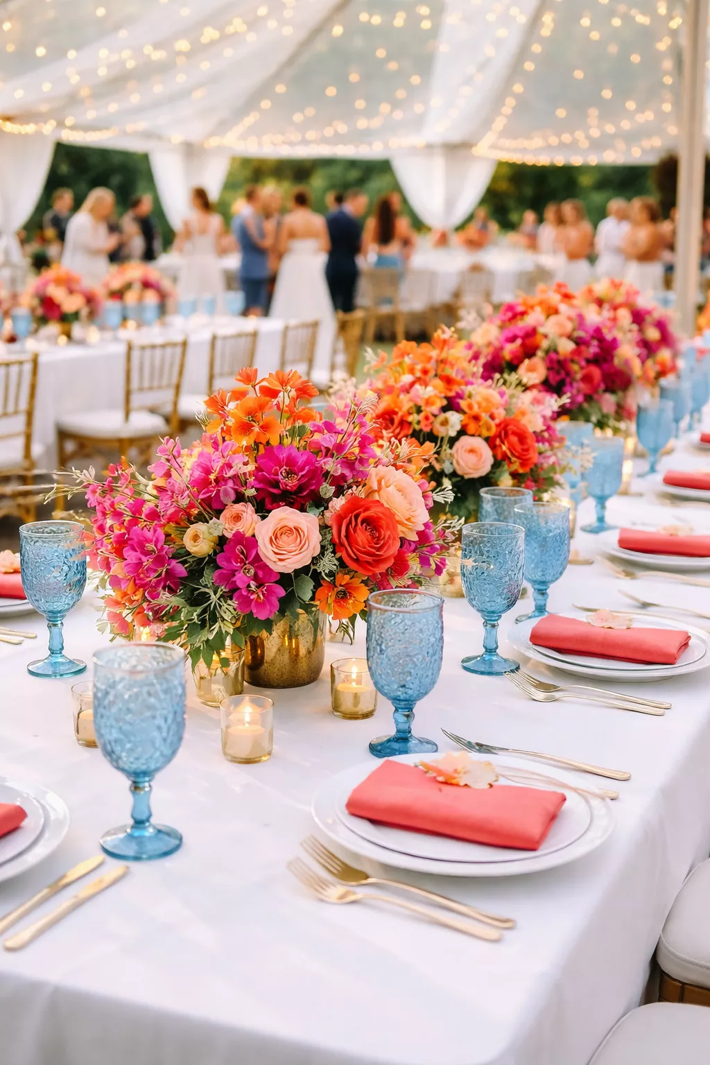Fuchsia Fiesta Burst A realistic photo of a playful summer wedding reception with fuchsia and orange floral arrangements and light blue glassware on a white tablecloth.