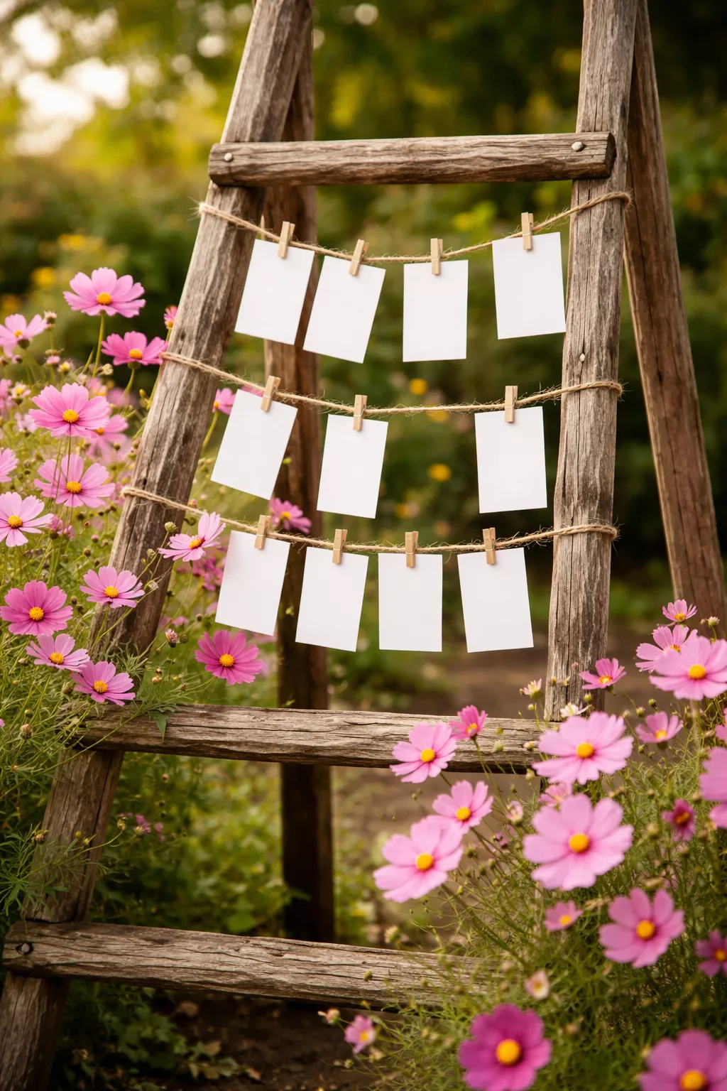 A realistic photo of an old wooden ladder with white cards clipped to strings next to clusters of pink cosmos flowers.
