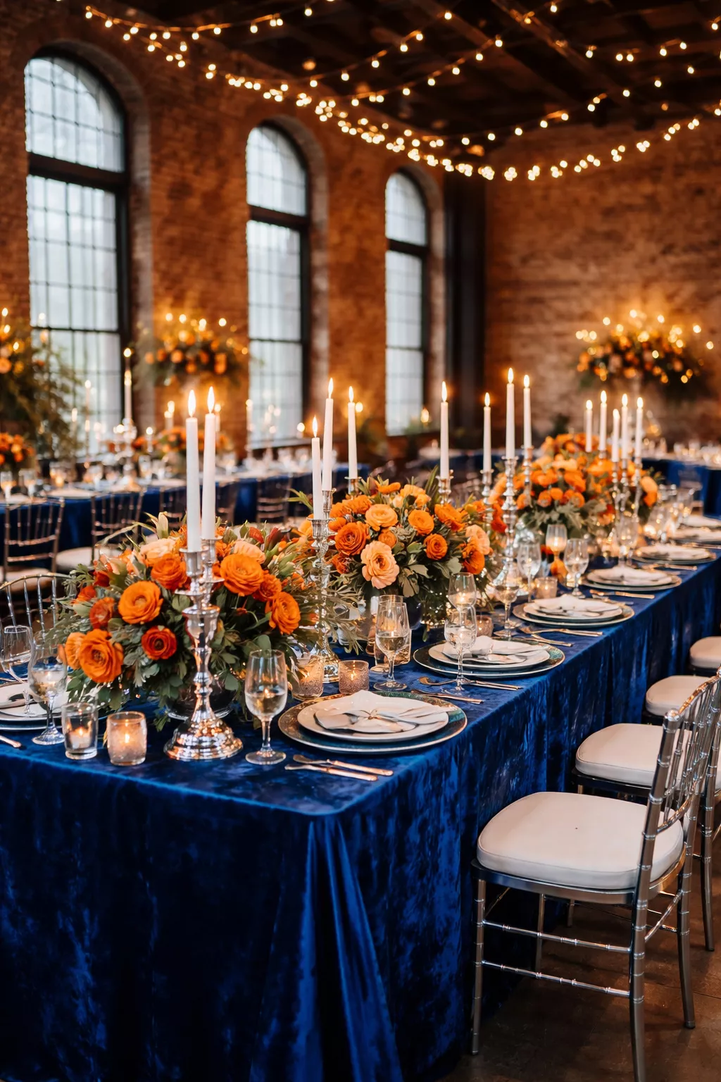 Cobalt Blue Depth A realistic photo of a modern loft wedding with striking cobalt blue velvet linens, silver candle holders, and orange floral accents against an industrial brick wall.
