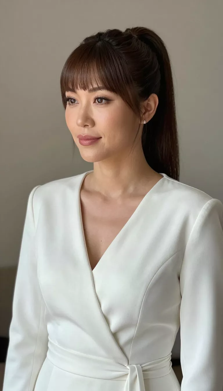 close-up realistic photo of a 31-year-old American bride wearing a modern jumpsuit wedding outfit with a High Ponytail with Blunt Bangs, shot with an iPhone 15 Pro Max