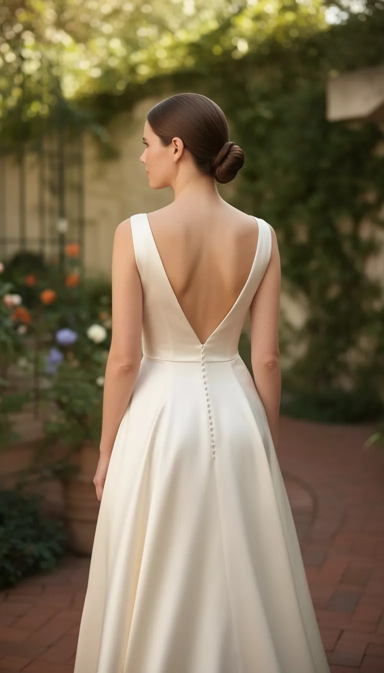 casual photo of a 28-year-old bride wearing a silk ivory gown with a sleek low bun, back view