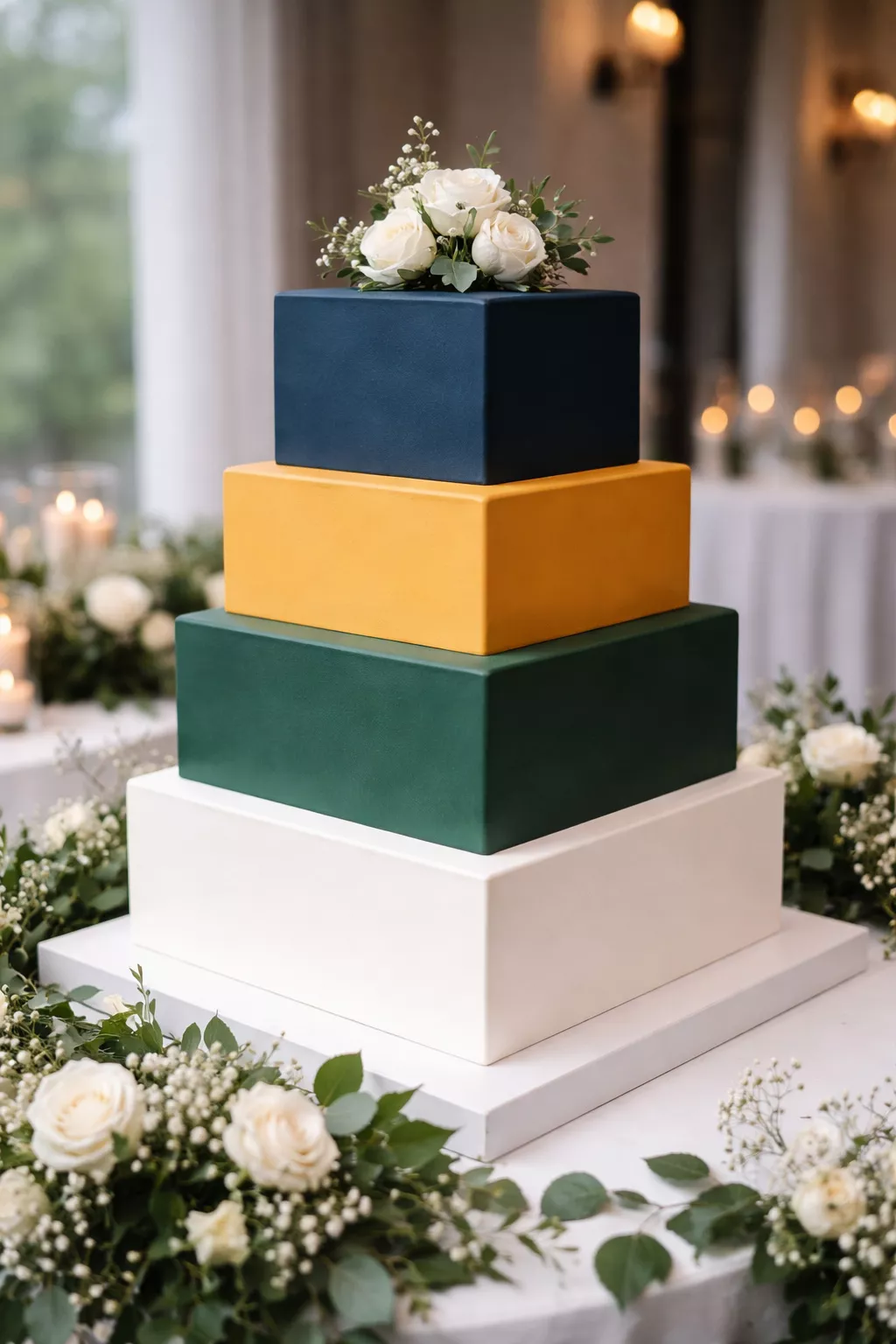 Square Color Block Cake A realistic photo of a tall square wedding cake with bold color-blocked sections in navy, forest green, and mustard yellow, featuring sharp corners and a minimalist aesthetic.