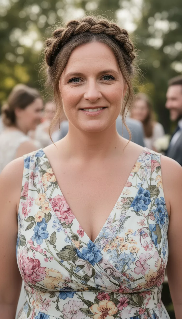 close-up casual photo of a 39-year-old wedding guest wearing a floral print dress with a braided crown, shot with an iPhone 15 Pro Max