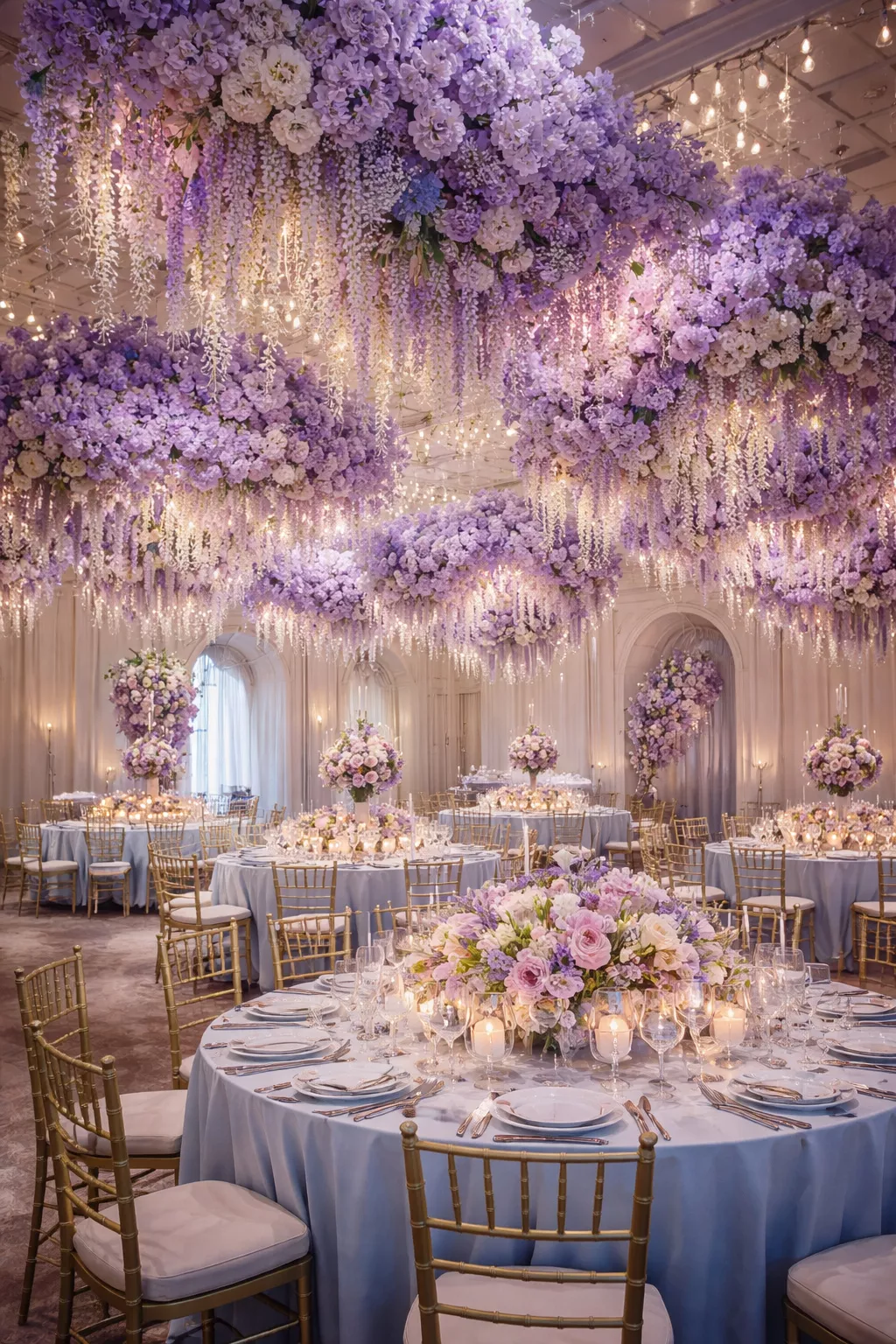 Lavender Haze Dream A realistic photo of a whimsical indoor wedding reception with layered lavender and violet floral clouds hanging from the ceiling and pastel blue table accents.