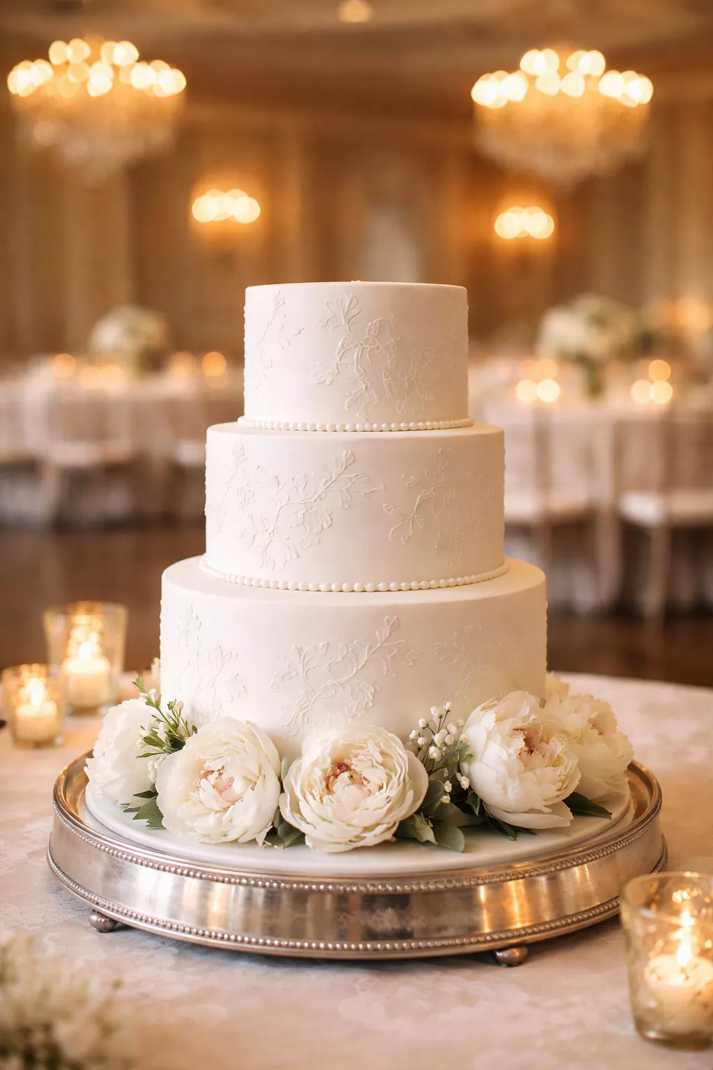 Textured Embossed Cake A realistic photo of a classic white wedding cake with subtle embossed floral patterns in the fondant, featuring a few real white peonies tucked into the base, in an elegant ballroom.