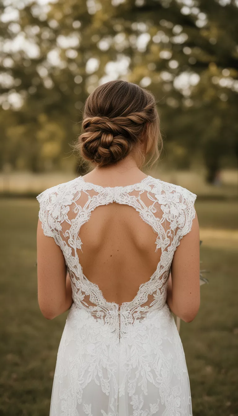 casual photo of a 26-year-old bride wearing a rustic lace dress with a braided low bun, back view, shot with an iPhone 15 Pro Max