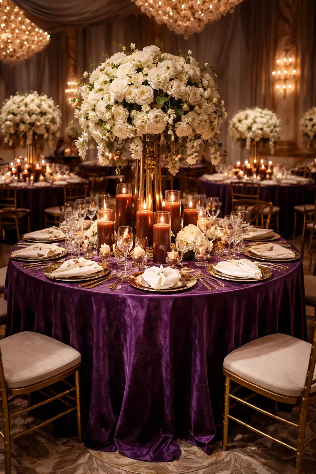 Royal Purple Regal A realistic photo of a luxurious wedding reception with royal purple velvet linens, chocolate brown candles, and ivory floral arrangements.
