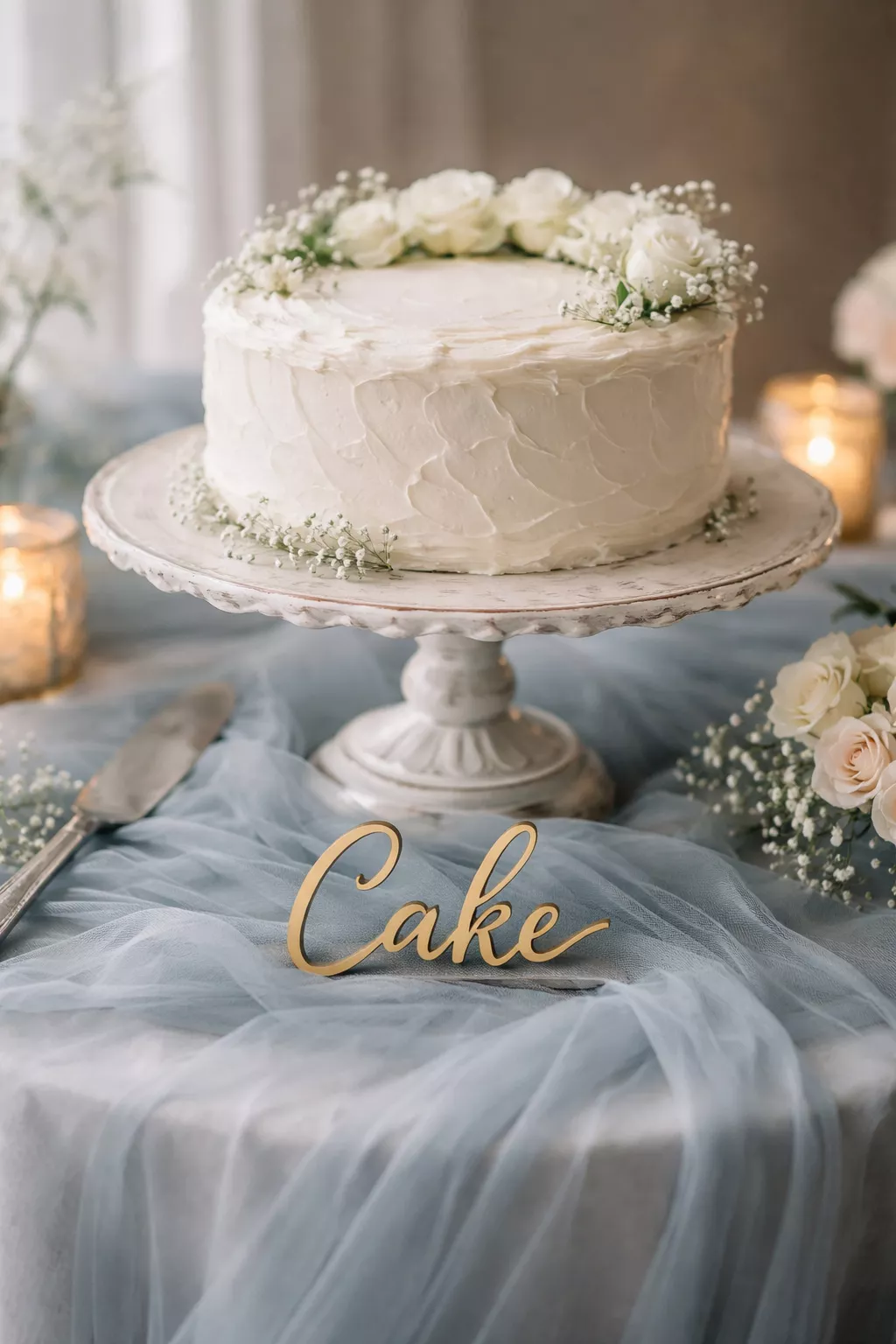A realistic photo of a vintage white cake stand on a table draped in dusty blue tulle with a small gold calligraphy sign that says Cake