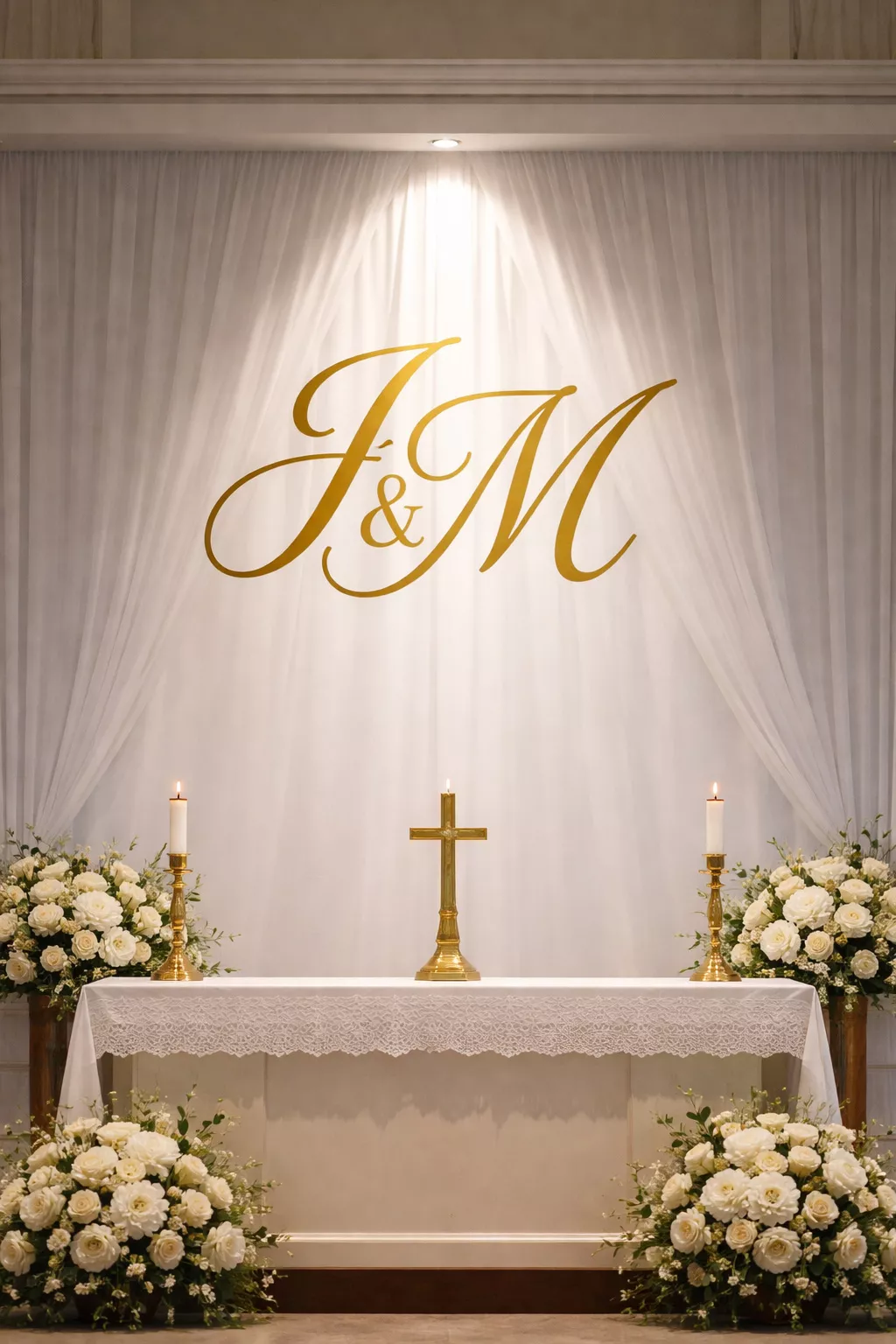 A realistic photo of a white fabric wall behind a church altar with a large gold vinyl monogram of the couple's initials illuminated by a spotlight.