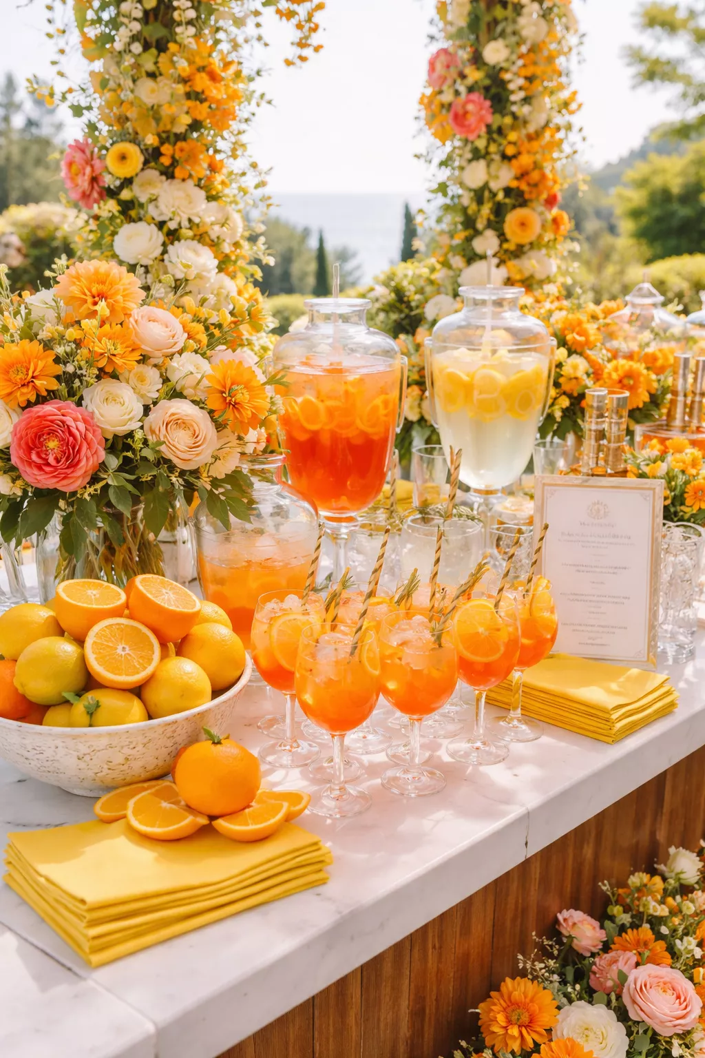 Portofino Orange Zest A realistic photo of a vibrant wedding cocktail bar with Portofino orange citrus garnishes, citrine yellow napkins, and bright floral arrangements.
