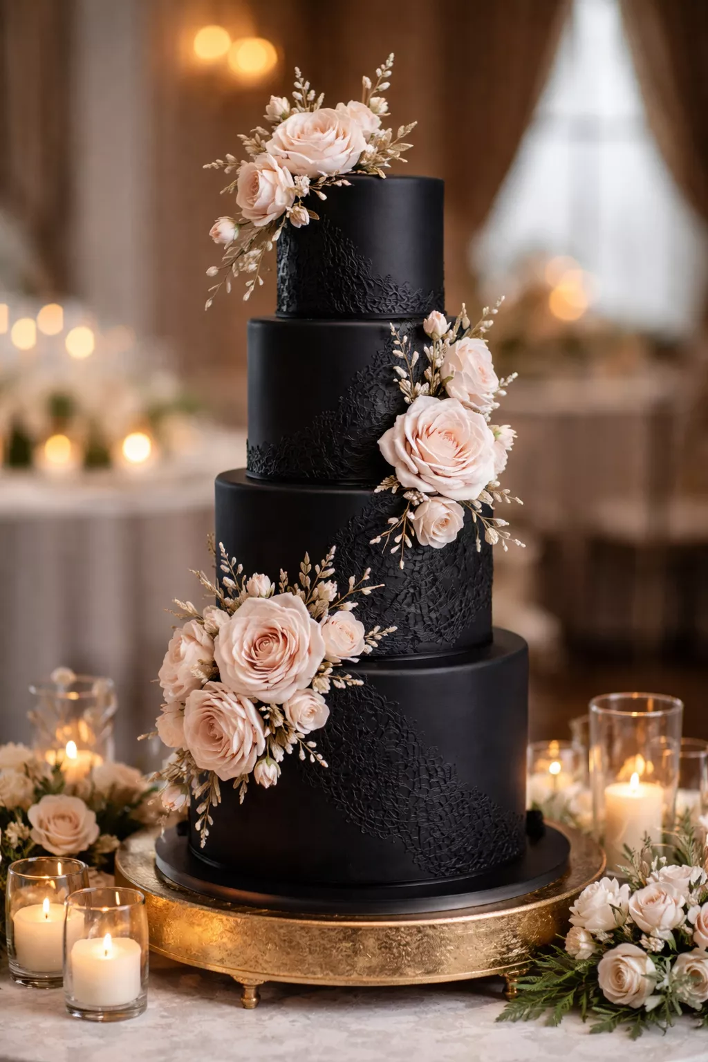 Moody Blush Florals Cake A realistic photo of a tall black fondant wedding cake adorned with delicate blush-colored sugar flowers and textured edible lace, positioned in a romantic setting with soft candlelight.