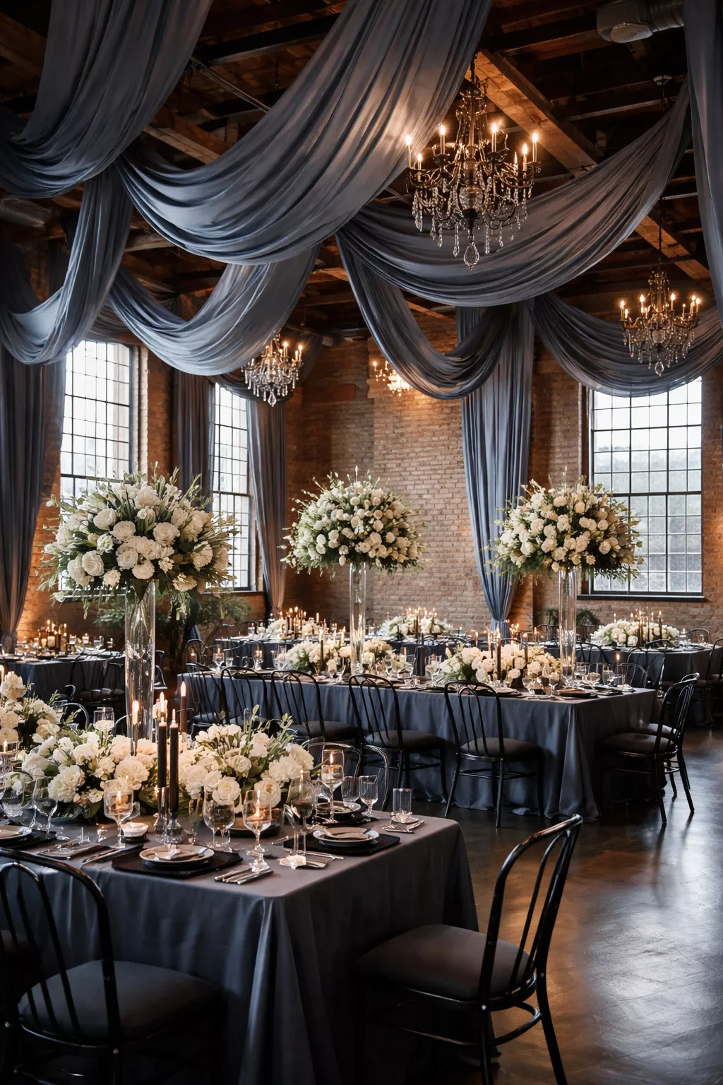 Storm Gray Moody A realistic photo of an industrial loft wedding with storm gray blue draping, dark metal accents, and cool white floral centerpieces.