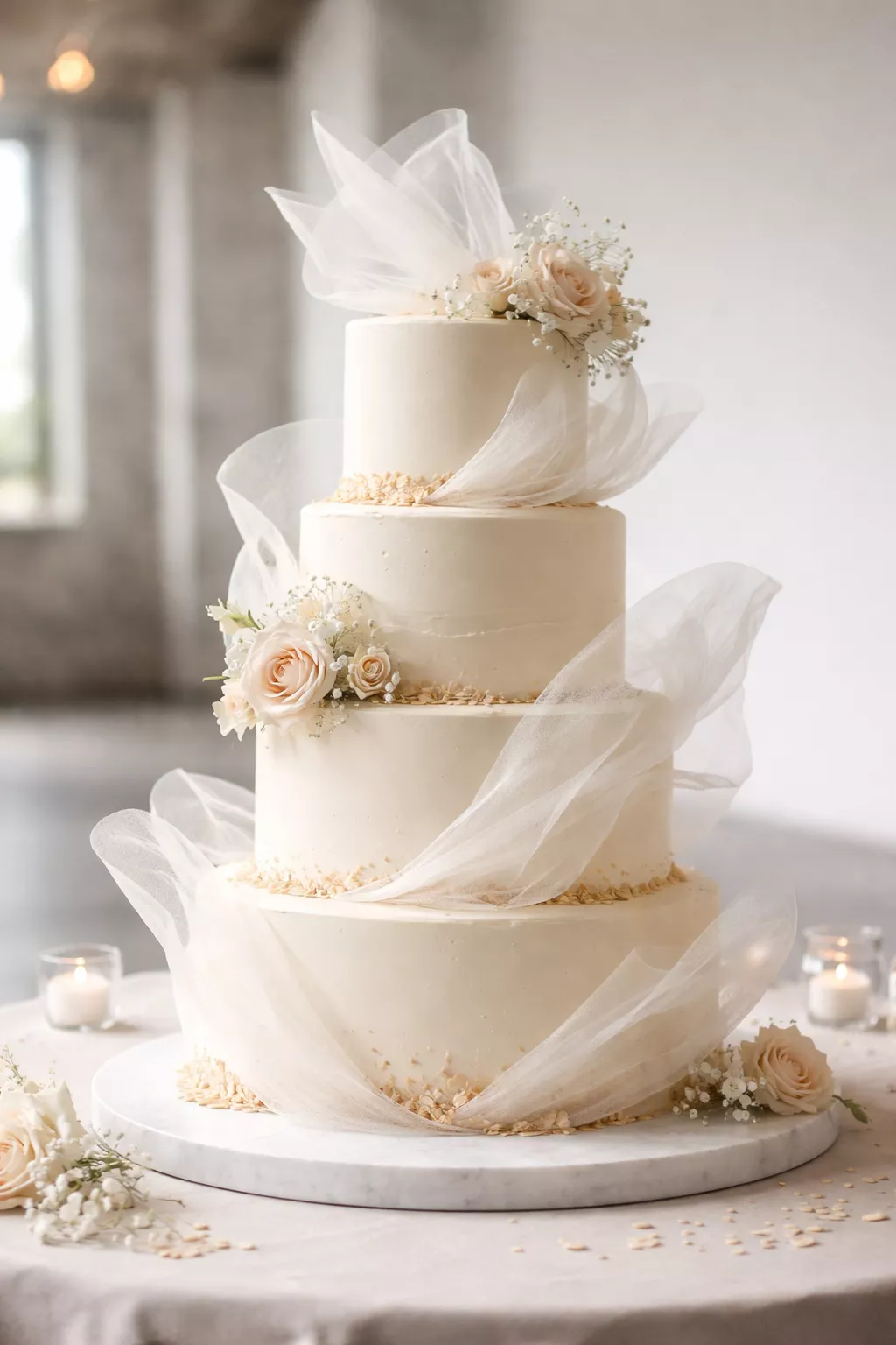 Romantically Modern Cake A realistic photo of a four-tiered almond wedding cake featuring ethereal white rice paper sails that appear to float around the sides, set against a minimalist industrial venue with soft natural lighting and a clean white background.