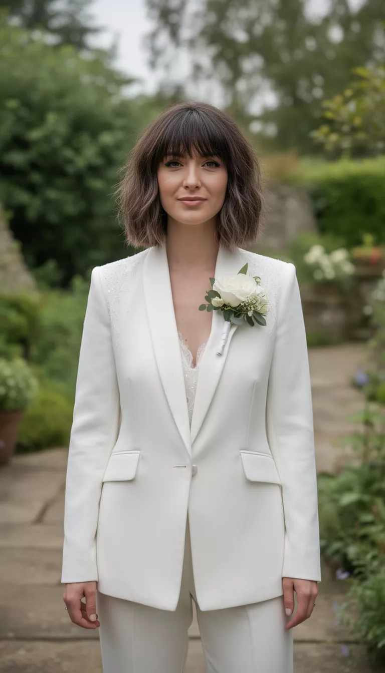 casual photo of a 33-year-old bride wearing a cool bridal suit with a Shaggy Lob with Wispy Fringe, shot with an iPhone 15 Pro Max