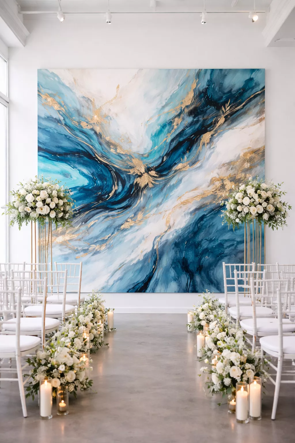 A realistic photo of a large abstract painting with blue and gold swirls serve as a ceremony backdrop in a bright gallery.