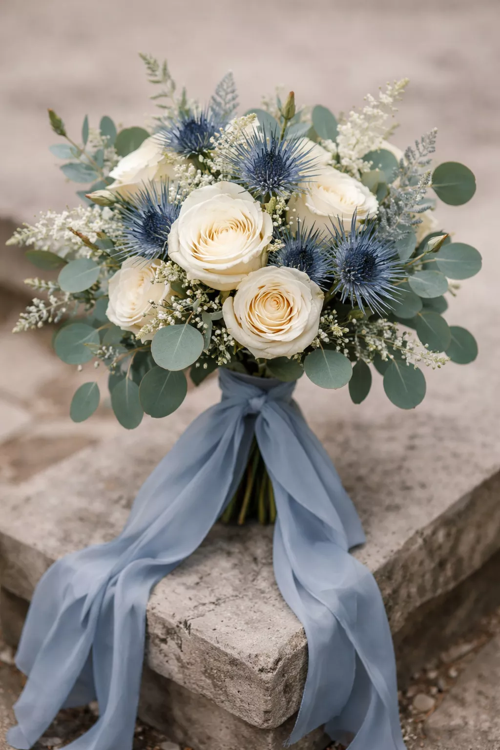 A realistic photo of a bridal bouquet featuring blue thistle, white roses, and silver dollar eucalyptus tied with a long dusty blue silk ribbon