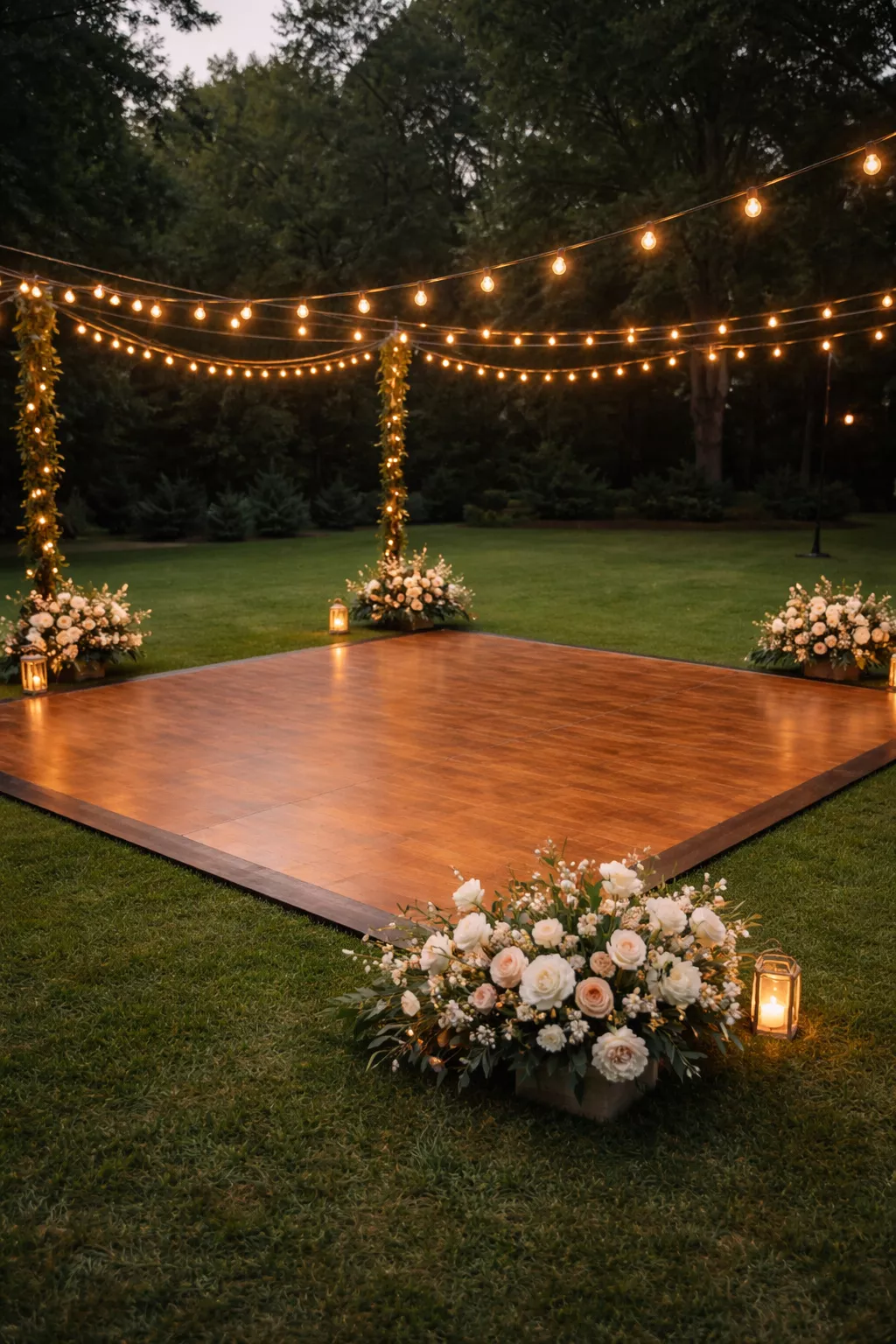 A realistic photo of a square wooden dance floor installed on a lawn, surrounded by string lights and a few floral arrangements.