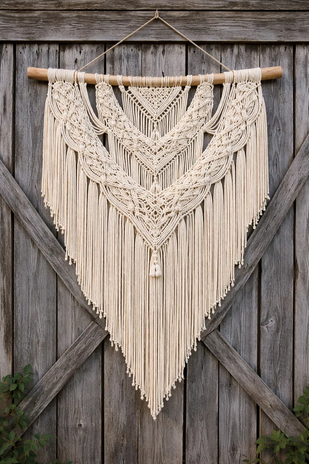 Boho Macrame Wall Hangings A realistic photo of a large cream colored macrame wall hanging with intricate knots displayed on a weathered grey barn door.