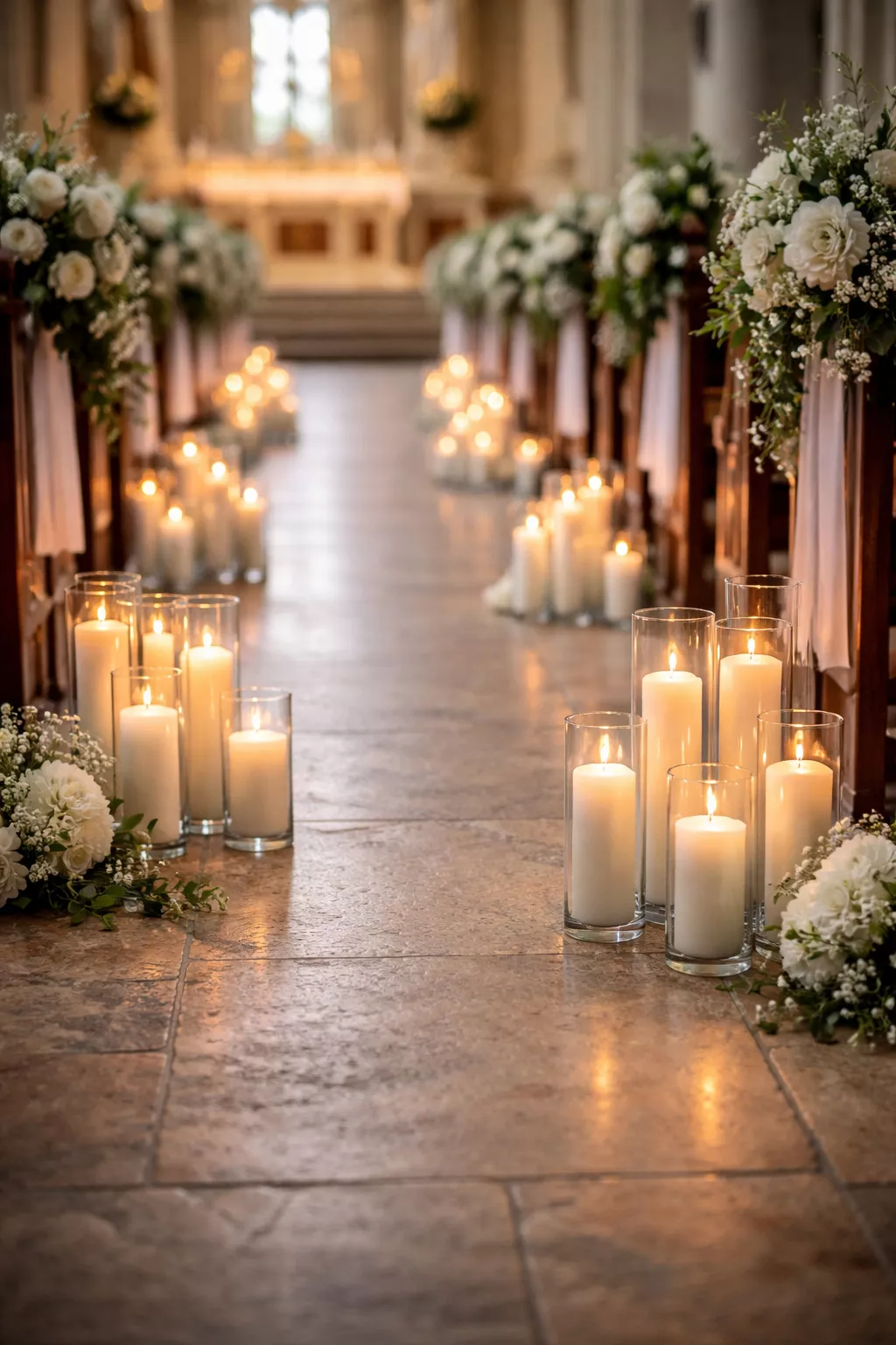 A realistic photo of the floor of a church aisle lined with clusters of varying heights of glass cylinder vases containing white pillar candles.