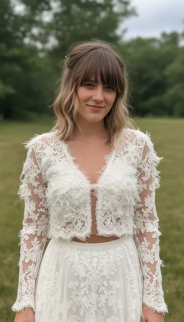 casual photo of a 30-year-old bride wearing a boho lace wedding dress with a textured cropped shag and side-swept bangs, shot with an iPhone 15 Pro Max