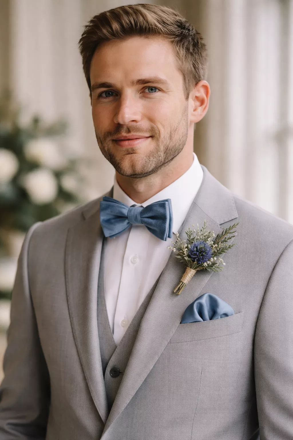 A realistic photo of a groom in a light gray suit wearing a dusty blue velvet bow tie and a matching silk pocket square with a small thistle boutonniere