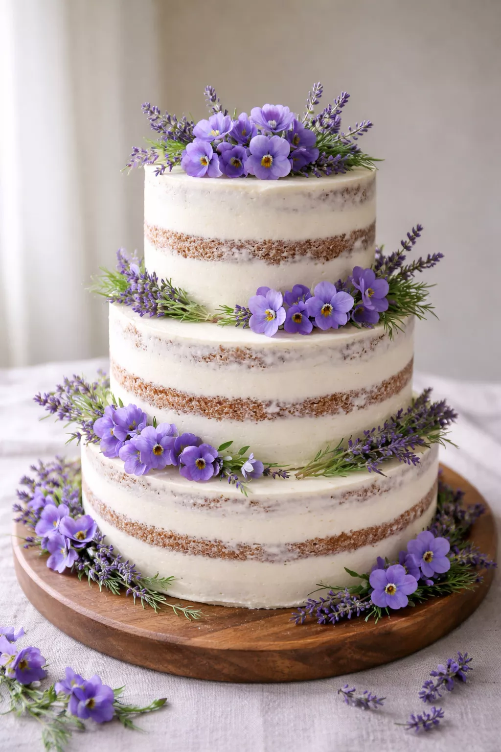 A realistic photo of a three-tiered white naked cake decorated with edible purple violets and sprigs of green lavender on a wooden cake stand.