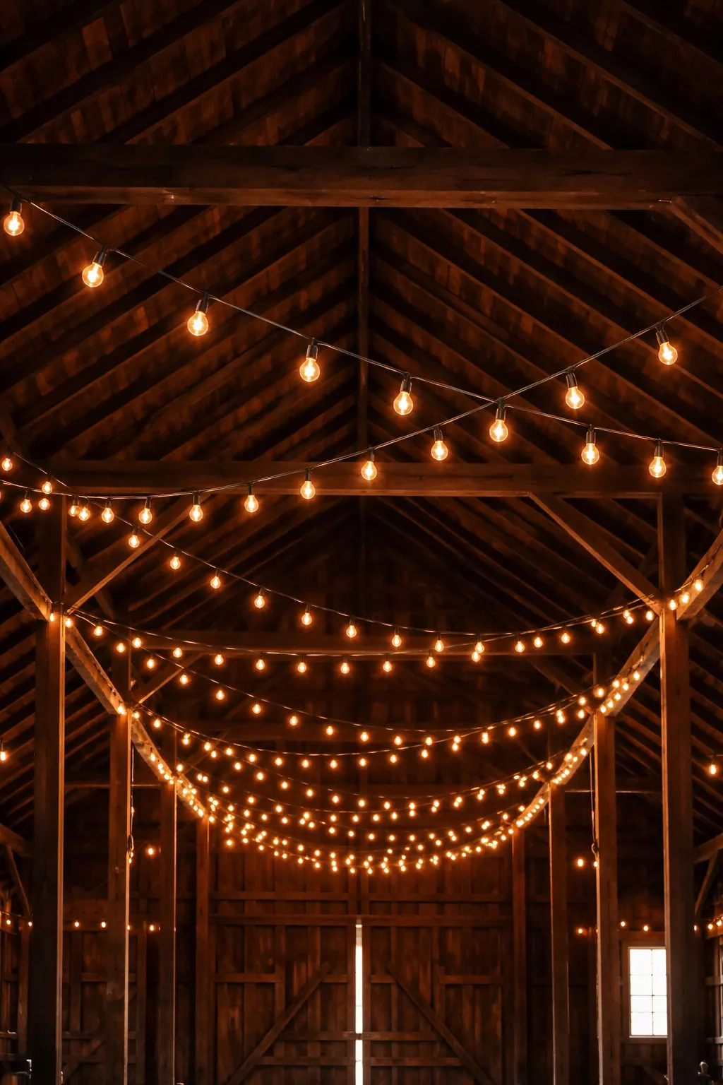 Twinkling String Light Canopies A realistic photo of a vast barn ceiling featuring warm white edison bulbs on black cords draped in a zigzag pattern between dark wood rafters.