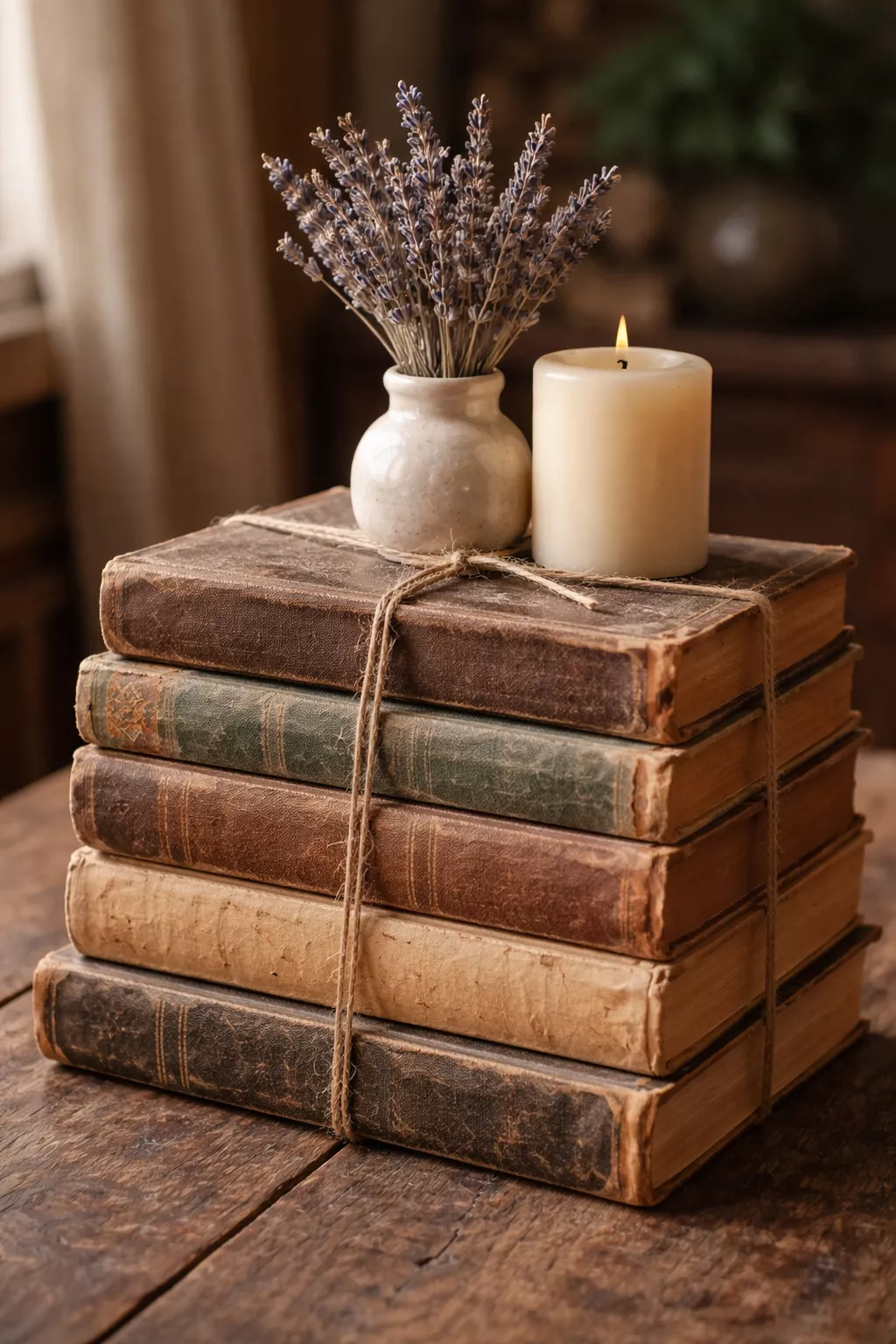 A realistic photo of a stack of old hardcover books tied with brown twine, topped with a small vase of dried lavender and a cream candle.